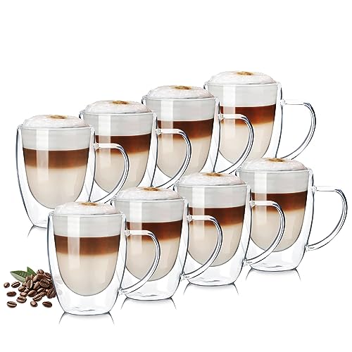 Wessper Doppelwandig Gläser, Kaffeegläser mit Henkel, Hitzebeständiges Borosilikatglas | Kaffeegläser temperaturbeständig Mokkatassen, Teegläser, Latte Machiatto, Tee – 8 Stück x 350 ml von Wessper