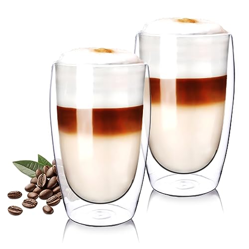 Wessper Doppelwandig Kaffeegläser 2 Stück x 450 ml Latte Machiatto Gläser | Großes Hitzebeständiges Doppelwandglas Thermogläser | Kaffeegläser temperaturbeständig Mokkatassen, Teegläser von Wessper