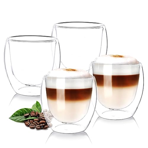 Wessper Doppelwandig Kaffeegläser 4 Stück x 250 ml Cappuccino Gläser Latte Machiatto | Großes Hitzebeständiges Doppelwandglas Thermogläser | Kaffeegläser temperaturbeständig Mokkatassen Teegläser von Wessper