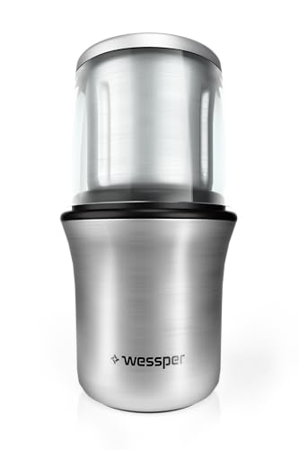 Wessper Gewürz und Kaffee Mühle MINIMILL mit 2 x 70g Edelstahlbehälter, Schlagmesser & Spezialmesser für Kaffeebohnen, Pesto, Nüsse, Zucker, Gewürze, Getreide 200 Watt von Wessper