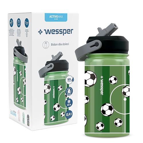 Wessper Trinkflasche Kinder, Edelstahl Flasche 410 ml BPA FREE, Mundstück mit Schlauch, Wasserflasche Leicht und Einfach zu Bedienen, für Schule, Fahrrad, Ausflug - Fußball Motiv von Wessper