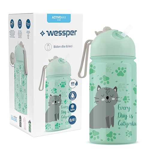 Wessper Trinkflasche Kinder, Edelstahl Flasche 410 ml BPA FREE, Mundstück mit Schlauch, Wasserflasche Leicht und Einfach zu Bedienen, für Schule, Fahrrad, Ausflug - Katze Motiv von Wessper