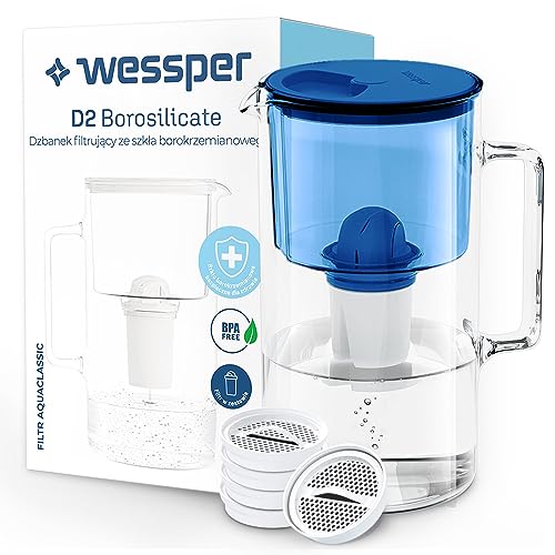 Wessper Satz Wasserfilterkanne aus Glas 2.5 L, Kompatibel mit Brita Classic & Wessper Wasserfilter 5 Stück, Filter Disc Replacement für Brita Classic und 1x Kartusche Aquaclassic – Blau von Wessper