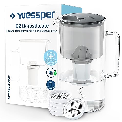 Wessper Satz Wasserfilterkanne aus Glas 2.5 L, Kompatibel mit Brita Classic & Wessper Wasserfilter 5 Stück, Filter Disc Replacement für Brita Classic und 1x Kartusche Aquaclassic – Grau von Wessper