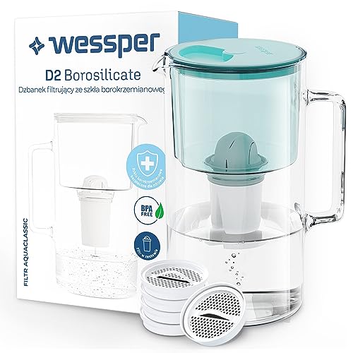 Wessper Wasserfilterkanne aus Glas 2.5 L | Ersatz für Aquaphor Standard, Brita Classic, Dafi Classic Filterkartusche | Wasserfilter 5x Filter Disc Replacement und 1x Kartusche AquaClassic – Mint von Wessper