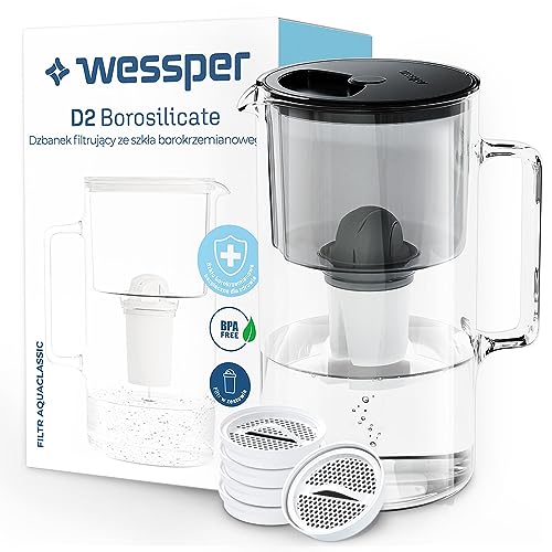 Wessper Satz Wasserfilterkanne aus Glas 2.5 L, Kompatibel mit Brita Classic & Wessper Wasserfilter 5 Stück, Filter Disc Replacement für Brita Classic und 1x Kartusche Aquaclassic – Schwarz von Wessper