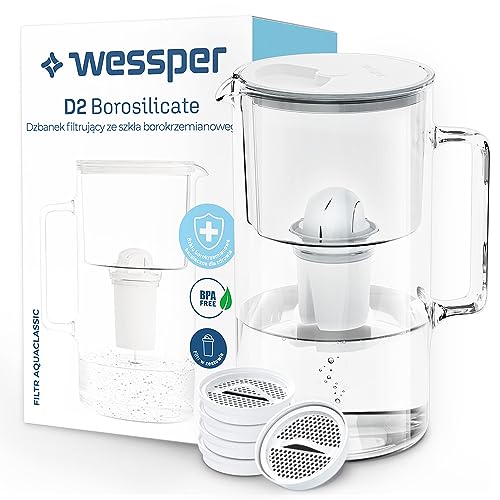 Wessper Satz Wasserfilterkanne aus Glas 2.5 L, Kompatibel mit Brita Classic & Wessper Wasserfilter 5 Stück, Filter Disc Replacement für Brita Classic und 1x Kartusche Aquaclassic – Weiß von Wessper