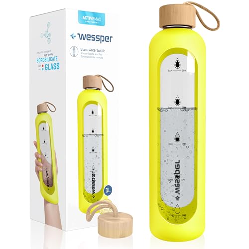 Wessper Trinkflasche Glas 1L mit Zeitmarkierungen, BPA-frei Trinkmotivation Borosilikat Wasserflasche, Luftdichte Glasflasche mit Bambus Deckel Wiederverwendbar mit Silikonhülle – Gelb von Wessper