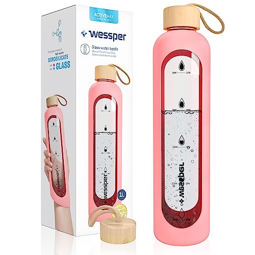 WESSPER Trinkflasche Glas 1L mit Zeitmarkierungen, BPA-frei Trinkmotivation Borosilikat Wasserflasche, Luftdichte Glasflasche mit Bambus Deckel Wiederverwendbar mit Silikonhülle - Rosa von Wessper