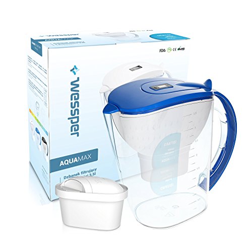 Wessper Wasserfilter Kanne AquaMax 3,5L Blau inkl. 1 Filterkartusche Filterpatrone | Wasserfilterkanne Trinkwasserfilter Tischwasserfilter Wasser Filter mit Filterwechsel Anzeige Water Filter Jug von Wessper