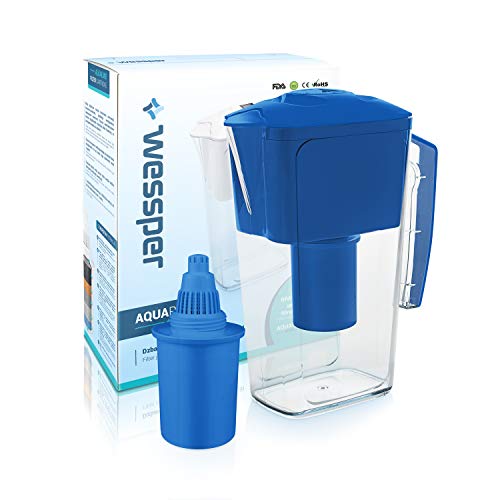 Wessper Wasserfilter Krug 2.5L AQUApro mit 1 alkalische Filterkartusche, BPA-frei, Elektro.Timer, Blau von Wessper