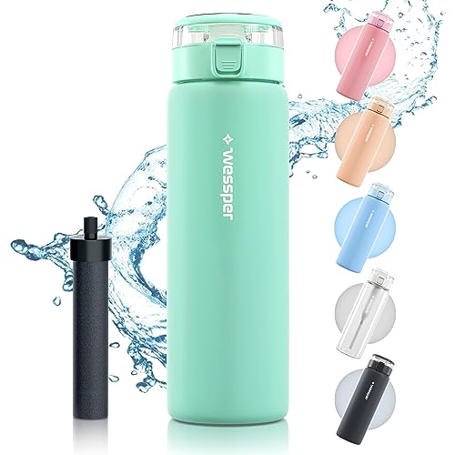 Wessper Wasserfilterflasche, Trinkflasche aus Borosilikat Glas 680 ml, BPA Frei Wasserflasche mit Filter für Kohlensäurehaltige Getränke | Filterflasche Outdoor, Aktivkohle Filter Strohhalm- Minze von Wessper