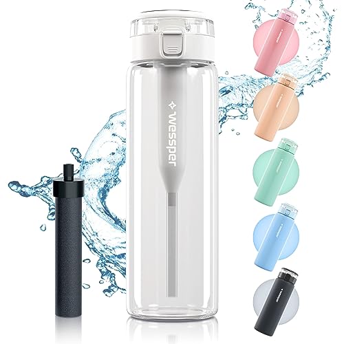 Wessper Wasserfilterflasche, Trinkflasche aus Borosilikat Glas 680 ml, BPA Frei Wasserflasche mit Filter für Kohlensäurehaltige Getränke | Filterflasche Outdoor, Aktivkohle Filter Strohhalm von Wessper