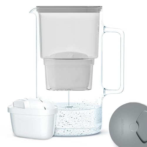 Wessper Wasserfilterkanne aus Glas 2.5 L Kompatibel mit Brita-Wasserfilterkartuschen, Inklusive 1 Wasserfilter-Kartusche, Reduziert Kalk und Chlor, Grau von Wessper