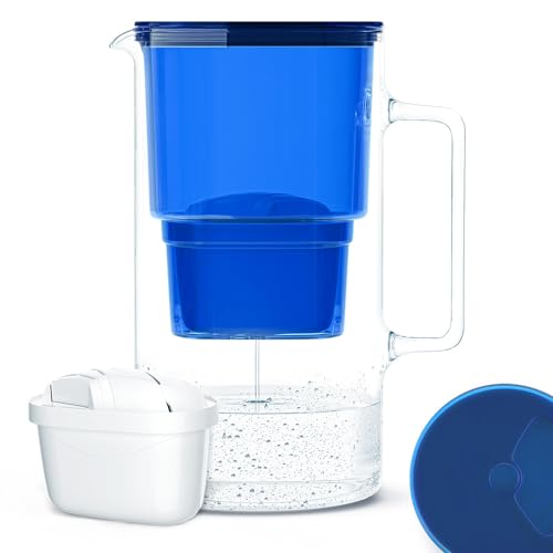 Wessper Wasserfilterkanne aus Glas 2.5 L Kompatibel mit Brita-Wasserfilterkartuschen, Inklusive 1 Wasserfilter-Kartusche, Reduziert Kalk und Chlor, Marineblau von Wessper