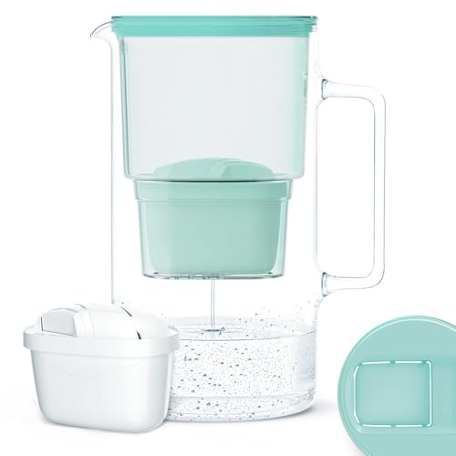 Wessper Wasserfilterkanne aus Glas 3L Kartuschen Ersatz für Dafi Unimax Aquaphor A5 BRITA Maxtra+ PHILIPS AWP212/10, Inklusive 1 Wasserfilter-Kartusche, Reduziert Kalk und Chlor, Minze von Wessper