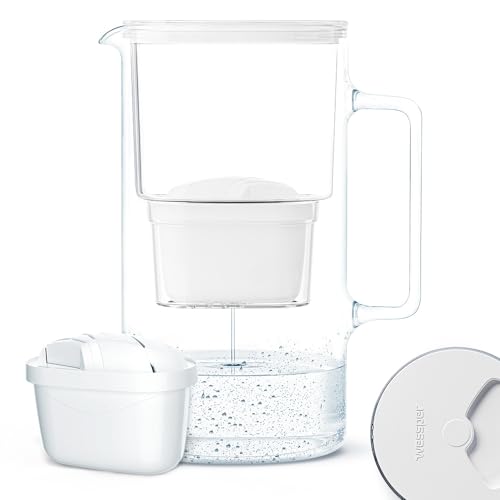 Wessper Wasserfilterkanne aus Glas 2.5 L Kompatibel mit Brita-Wasserfilterkartuschen, Inklusive 1 Wasserfilter-Kartusche, Reduziert Kalk und Chlor, Weiß von Wessper