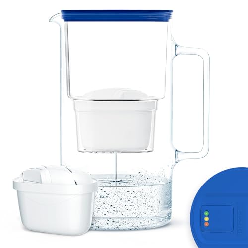 Wessper Wasserfilterkanne aus Glas 3,3 L mit Manuelle Filterverschleißanzeige, Kompatibel mit Brita Maxtra, Maxtra +, Reduziert Kalk und Chlor | Inklusive Wasserfilterkanne + Kartusche - Blau von Wessper