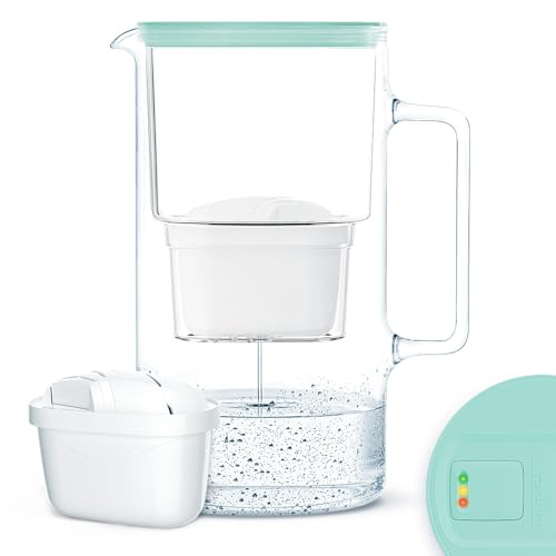 Wessper Wasserfilterkanne aus Glas 3,3 L mit Manuelle Filterverschleißanzeige, Kompatibel mit Brita Maxtra, Maxtra +, Reduziert Kalk und Chlor | Inklusive Wasserfilterkanne + Kartusche - Minze von Wessper