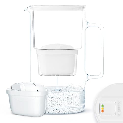 Wessper Wasserfilterkanne aus Glas 3,3 L mit Manuelle Filterverschleißanzeige, Kompatibel mit Brita Maxtra, Maxtra +, Reduziert Kalk und Chlor | Inklusive Wasserfilterkanne + Kartusche - Weiß von Wessper