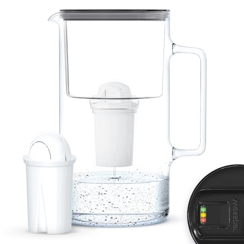 Wessper Wasserfilterkanne aus Glas 3,3 L mit Manuelle Filterverschleißanzeige | Kompatibel mit Brita Classic, Reduziert Kalk und Chlor | Inklusive Wasserfilterkanne + Kartusche - Schwarz von Wessper