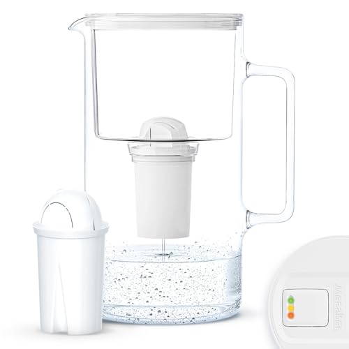 Wessper Wasserfilterkanne aus Glas 3,3 L mit Manuelle Filterverschleißanzeige | Kompatibel mit Brita Classic, Reduziert Kalk und Chlor | Inklusive Wasserfilterkanne + Kartusche - Weiß von Wessper