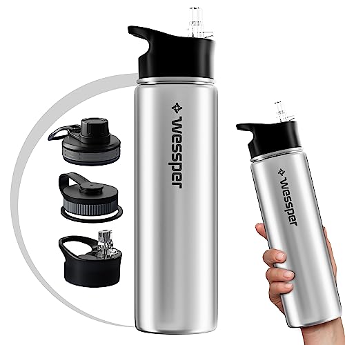 Wessper Edelstahl Trinkflasche 700ml, BPA-Frei Wasserflasche mit 3 Deckel für Wasser, Kaffee und Tee, Auslaufsicher Thermoflasche für Sport, Gym, Wandern, Fahrrad, Büro - Silber von Wessper