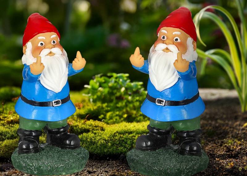 WestCraft Gartenzwerg 2x Gartenzwerg Gartenzwerg Mittelfinger 15x7cm bunt Zwerg Stinkefinger, (2 St), stellen Sie Ihrem Nachbarn mal einen unhöflichen Zwerg in den Garten von WestCraft