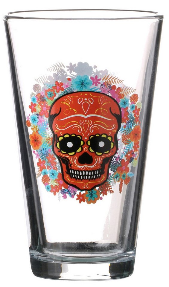 WestCraft Gläser-Set 320ml Glas, Mexican Skull Wasser-Gläser, Totenkopf Gläser Orange, Glas, Cocktailgläser Trinkgläser Graffiti Style von WestCraft