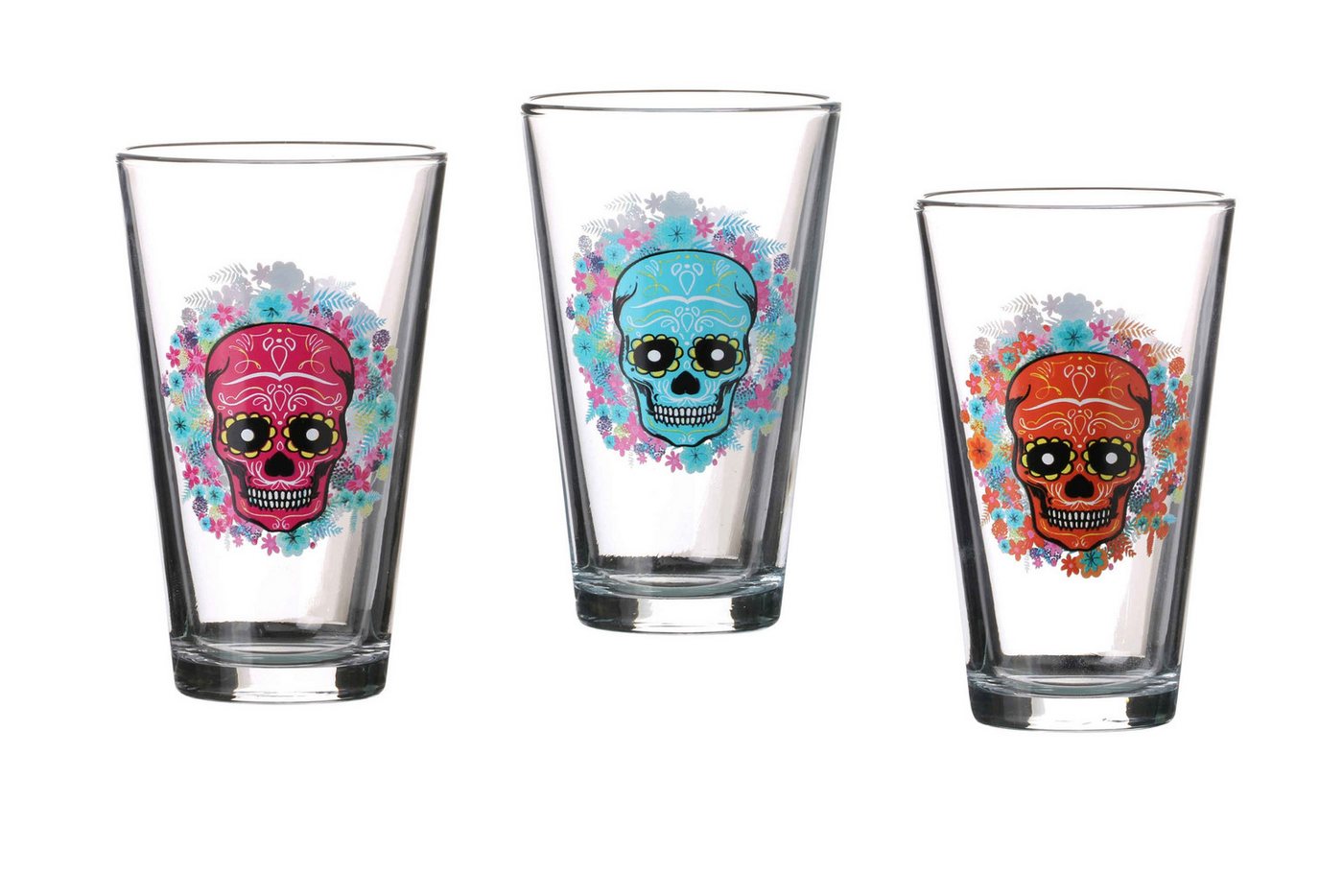 WestCraft Gläser-Set 3er Set 320ml Glas, Mexican Skull Wassergläser, Totenkopf Bar Gläser, Glas, Cocktailgläser Trinkgläser Graffiti Style von WestCraft