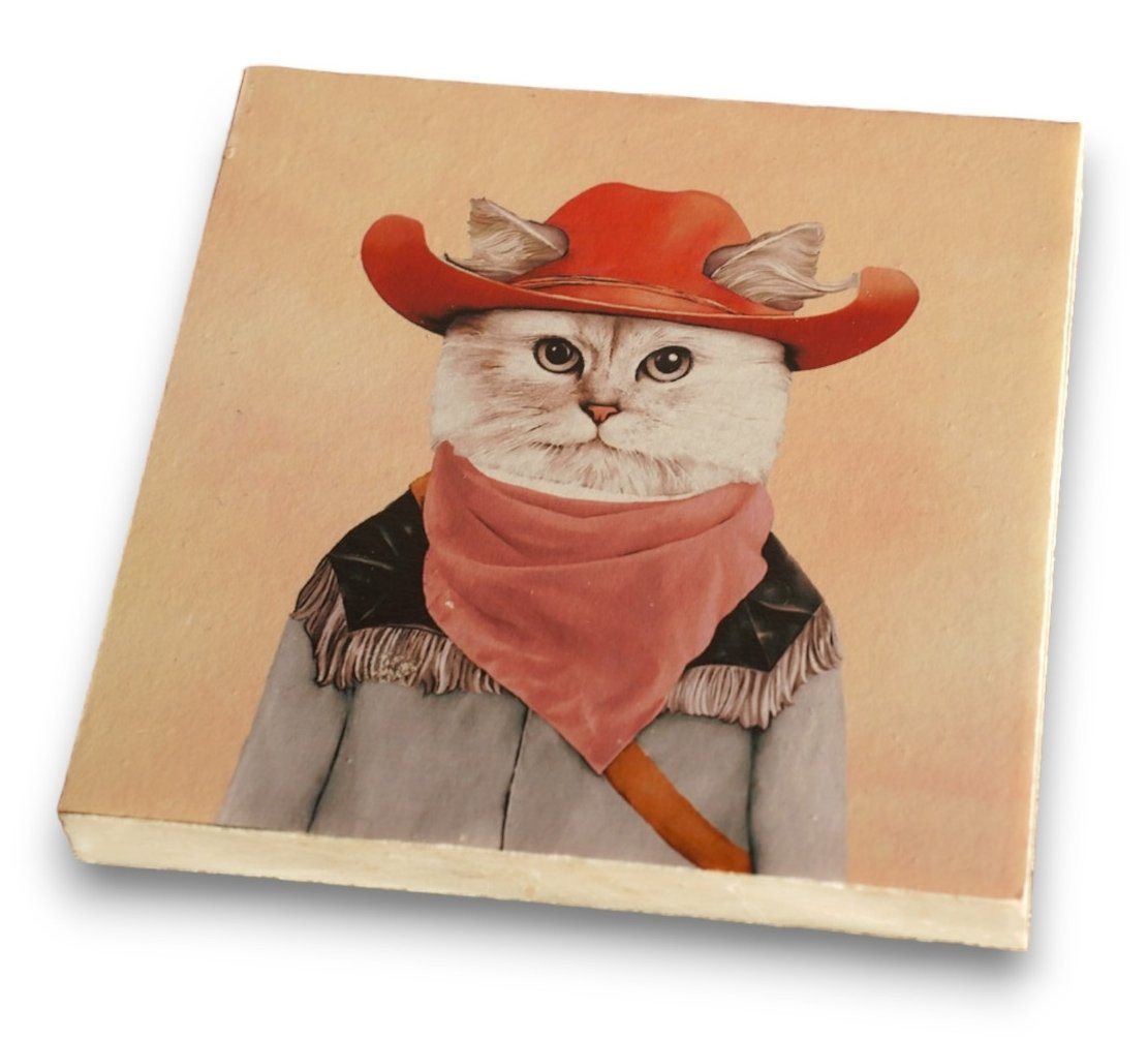 WestCraft Glasuntersetzer Untersetzer aus ECHTEM MAMOR für Glas Tasse, Cowboy Cat - 164, Zubehör für Esstisch, Tisch Küche, Kommode, 1-tlg., Echte Handarbeit von WestCraft