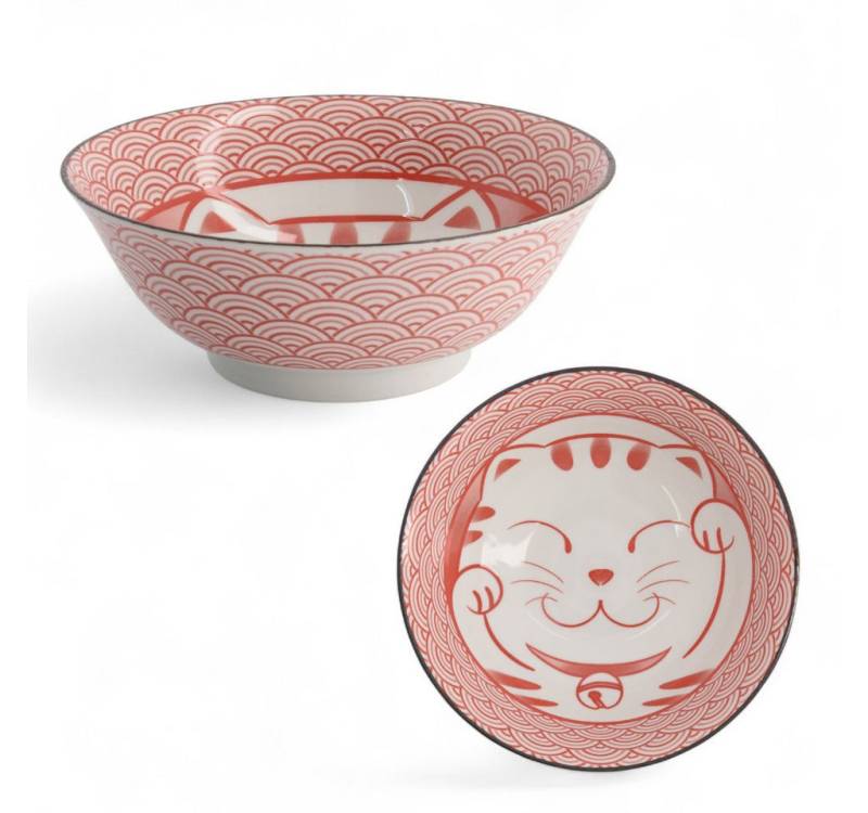 WestCraft Snackschale Japan Katzen Schalen Tayo Schüssel Kawaii Lucky Cat Neko red 20x8cm, Porzellan, (1-tlg), Ramen Reis Nudel Suppen Dessert Bowl, Rot Kawaii Cat 20x8cm von WestCraft