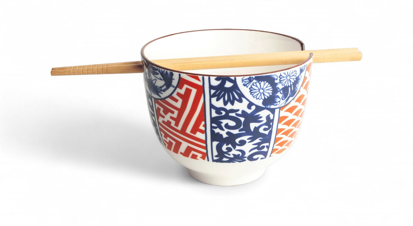 WestCraft Snackschale Soba-Bowls ASIATICA, Porzellan-Schale, Reis mit Stäbchenhalter Ø 13 cm, Porzellan, (3-tlg), Inkl. Essstäbchen - ideal für Soba, Ramen, Udon oder Reisgerichte. von WestCraft