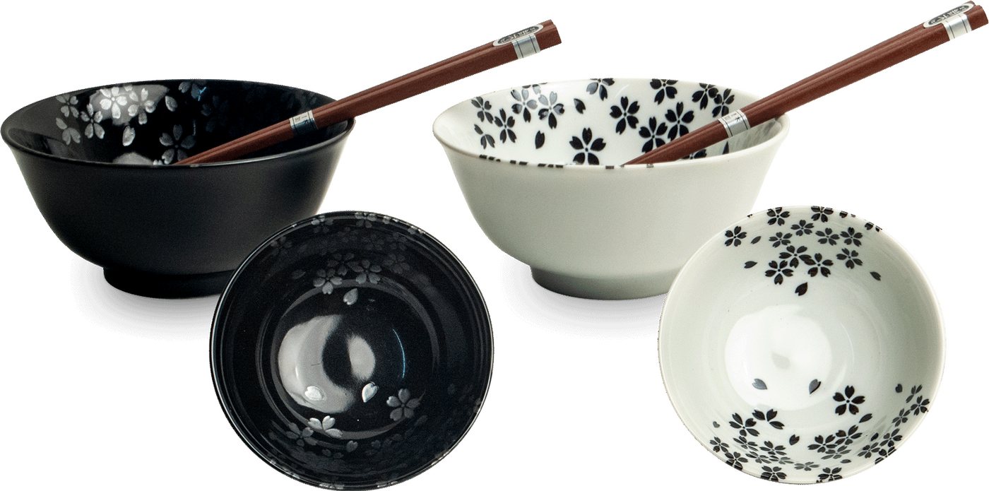 WestCraft Suppenschale Porzellan Bowl-Set „Kawaii Cat“ – 2 Schalen mit Stäbchen Made in Japan, Porzellan, (4-tlg), Japanisches Geschenkset mit Blumenmotiv – Schalen schwarz und weiß von WestCraft