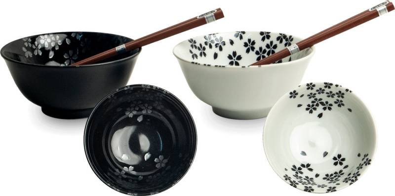WestCraft Suppenschale Porzellan Bowl-Set „Kawaii Cat“ – 2 Schalen mit Stäbchen Made in Japan, Porzellan, (4-tlg), Japanisches Geschenkset mit Blumenmotiv – Schalen schwarz und weiß von WestCraft