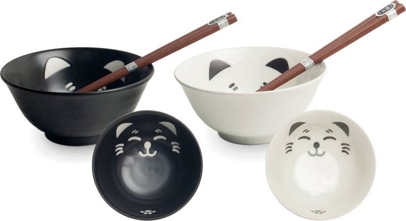 WestCraft Suppenschale Porzellan Bowl-Set „Kawaii Cat“ – 2 Schalen mit Stäbchen Made in Japan, Porzellan, (4-tlg), Japanisches Geschenkset mit Katzenmotiv – Kawaii-Cat schwarz und weiß von WestCraft