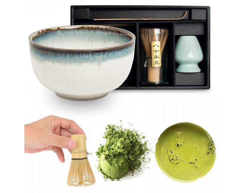 WestCraft Teeservice Matcha Set 4 tlg. Original japanische Matcha Schale mit Besen & Löffel (4-tlg), Porzellan, handgefertigt für eine authentische japanische Matcha & Tee-Zeremonie von WestCraft