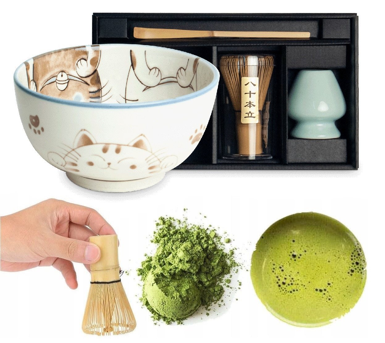 WestCraft Teeservice Matcha Set 4 tlg. Original japanische Matcha Schale mit Besen & Löffel (4-tlg), handgefertigt für eine authentische japanische Matcha & Tee-Zeremonie von WestCraft