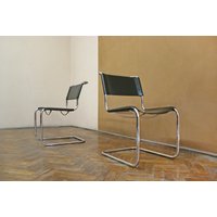 Ein Vintage Marcel Breuer B33 Thonet Echtes Schwarzes Leder Rohr Chrom Freischwinger Stuhl Esszimmer Bauhaus Modernist Mid Century Modern von WestEstStudio