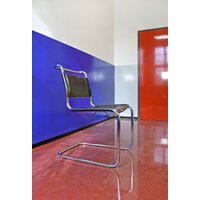 Vintage Marcel Breuer B33 Thonet Schwarz Echtleder Chrom Freischwinger Esszimmerstuhl Bauhaus Modernist Mid Century Modern Schreibtisch Aufgabe von WestEstStudio