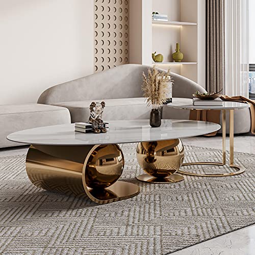 WestUx Marmor Modern Oval Set von 2 Couchtisch, Mitteltisch Edelstahl Luxus Desktop Robuste Minimalistische Heimmöbel für Wohnzimmer,A,140CM von WestUx