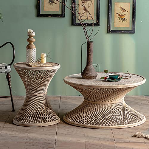 WestUx Runder Rattan Couchtisch,Satz von 2 rustikalen Vintage natürlichen langlebigen gewebten Rattan Center Table Beistelltisch Home Möbel für Patio Indoor,B von WestUx