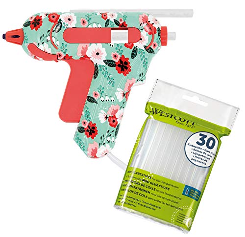 WESTCOTT Heißklebepistole I Starter-Set: inklusive 30 Klebesticks I mini I klein I bunt I für Kinder I Blumen-Muster I Geschenk I Basteln I türkis, rot, pink I DIY I 7 mm I 10-20 W I 16002 AZ von Westcott