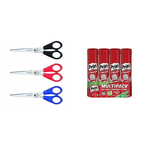 Westcott E-31031 00 Büro-Schere Set mit 3 Stück, 15 cm, blau/rot/schwarz & Pritt Klebestift, sicherer und kinderfreundlicher Kleber für Kunst und Bastelarbeiten, 4x11g Pritt Stift von Westcott