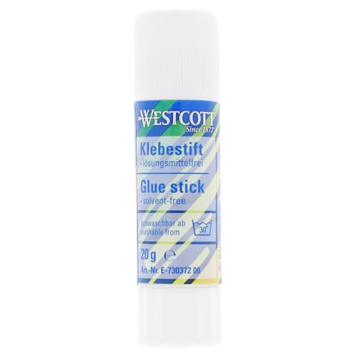 Westcott Klebestift 20g | Bastelkleber mit 2cm transparentem Klebestreifen | Klebt stark und dauerhaft | 100% lösungsmittelfrei | Bei 30° abwaschbar | E-730372 00 von Westcott