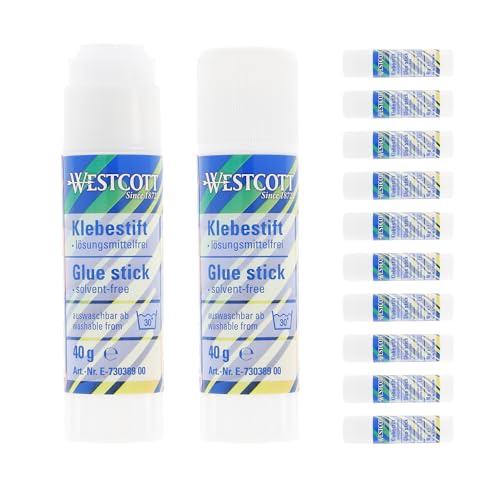 Westcott Klebestift 40g (12 Stück) | 12-er Vorteilspack Bastelkleber mit 2,5cm transparentem Klebestreifen | Klebt stark und dauerhaft | 100% lösungsmittelfrei | Bei 30° abwaschbar | E-730389 00 von Westcott