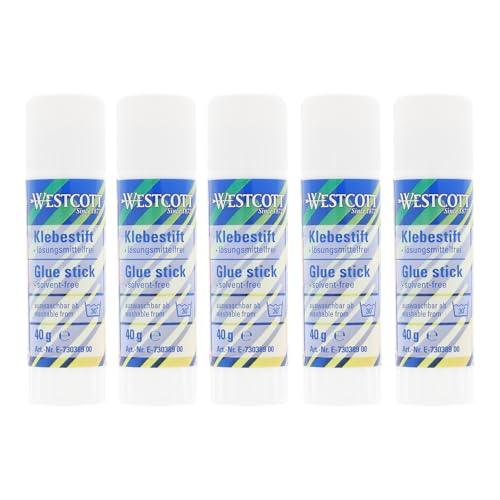 Westcott Klebestift 40g (5er-Set) | Bastelkleber mit 2,5cm transparentem Klebestreifen | Klebt stark und dauerhaft | 100% lösungsmittelfrei | Bei 30° abwaschbar | E-730389 00 von Westcott