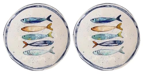 Teller im mediterranen Design mit Sardinen-Motiv | Maritime Speiseteller (26 cm), Suppenteller (21 cm) oder Dessertteller (20 cm) aus robusten Steinzeug, glattes Finish (2er Set Dessertteller (20cm)) von Westcraft