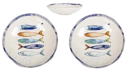 Teller im mediterranen Design mit Sardinen-Motiv | Maritime Speiseteller (26 cm), Suppenteller (21 cm) oder Dessertteller (20 cm) aus robusten Steinzeug, glattes Finish (2er Set Suppenteller (21cm)) von Westcraft