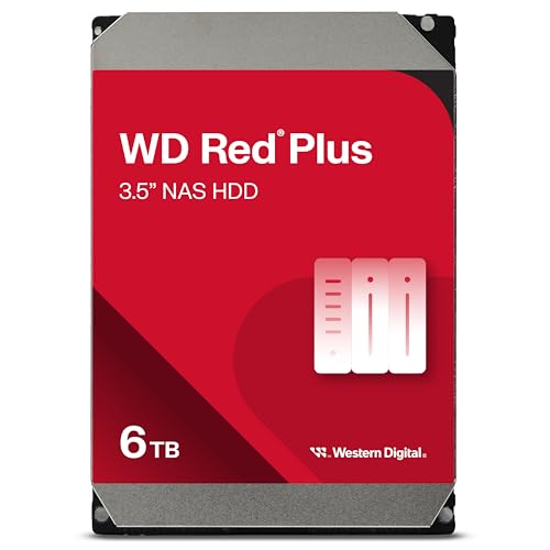 WD Red Plus interne Festplatte NAS 6 TB (3,5'', Datenübertragung bis 185 MB/s, Workload 180 TB/Jahr, 5.640 U/min, 128 MB Cache, 8 Bays) Rot von Western Digital